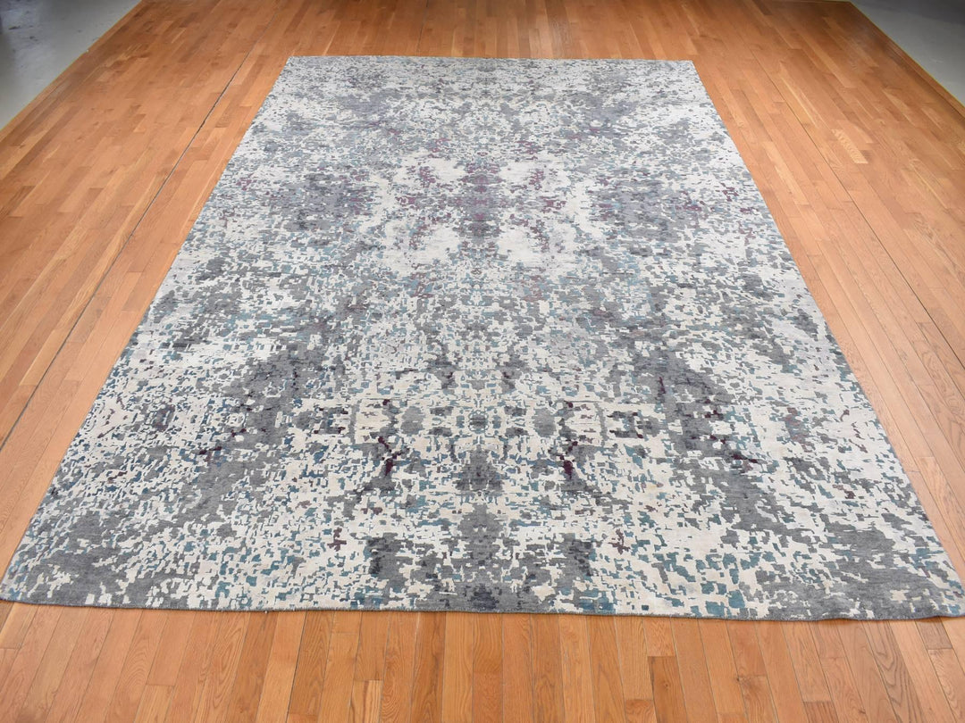 9'10" x 13'7" New Hand Knotted Grey Wool & Silk Rectangle Oriental Rug - MOA10287086
