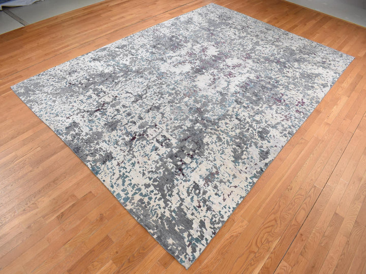9'10" x 13'7" New Hand Knotted Grey Wool & Silk Rectangle Oriental Rug - MOA10287086