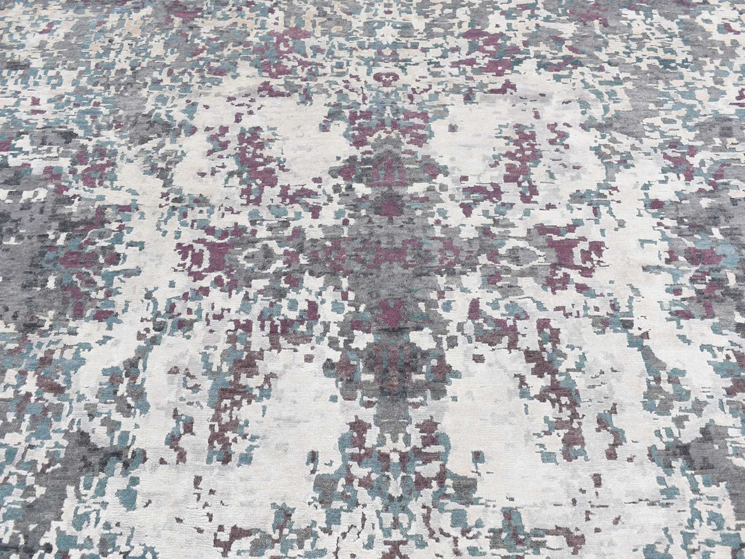 9'10" x 13'7" New Hand Knotted Grey Wool & Silk Rectangle Oriental Rug - MOA10287086