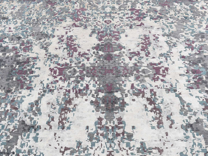 9'10" x 13'7" New Hand Knotted Grey Wool & Silk Rectangle Oriental Rug - MOA10287086