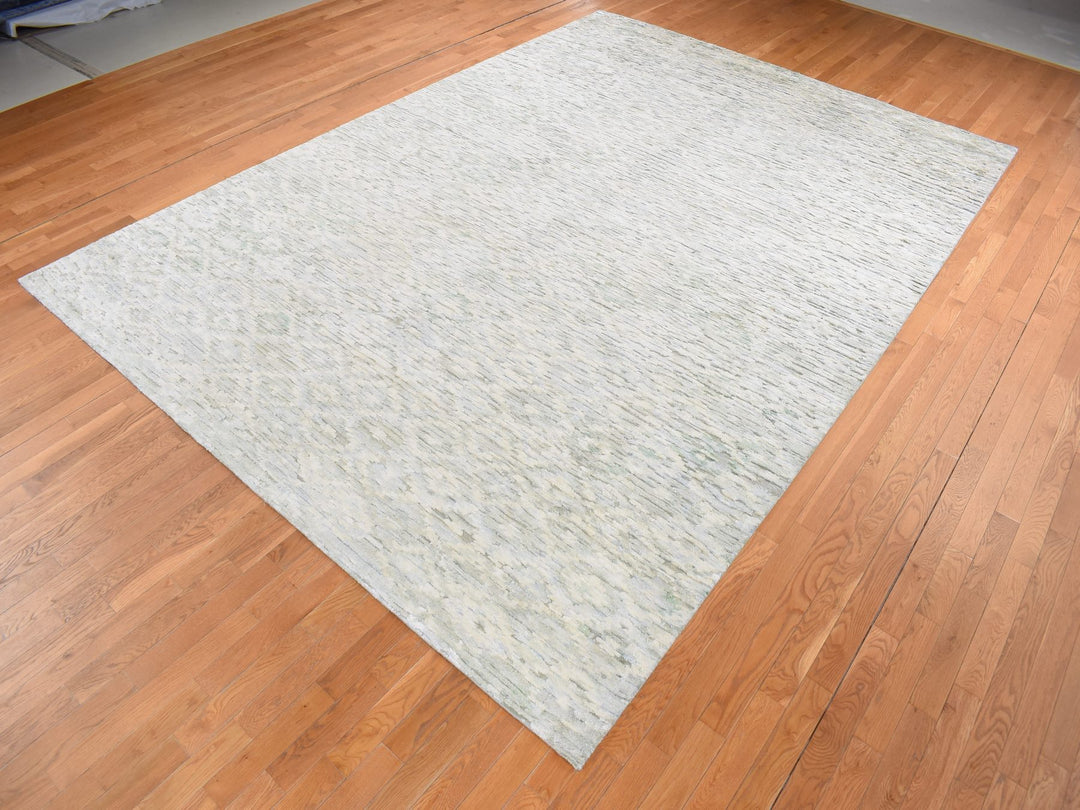 9'10" x 14'0" New Hand Knotted Ivory Wool & Silk Rectangle Oriental Rug - MOA10287087