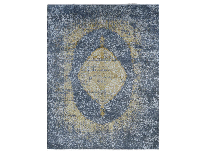 9'0" x 11'10" New Hand Knotted Grey Wool & Pure Silk Rectangle Oriental Rug - MOA10287089
