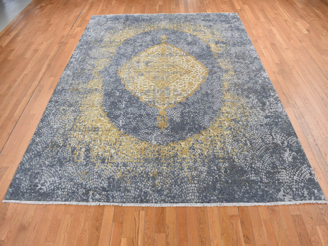 9'0" x 11'10" New Hand Knotted Grey Wool & Pure Silk Rectangle Oriental Rug - MOA10287089