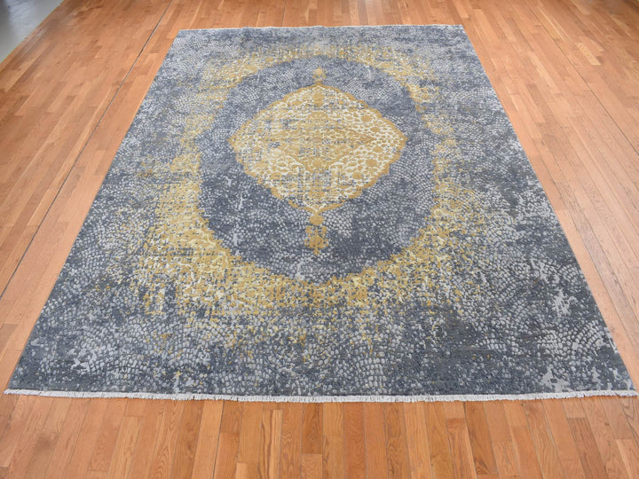 9'0" x 11'10" New Hand Knotted Grey Wool & Pure Silk Rectangle Oriental Rug - MOA10287089