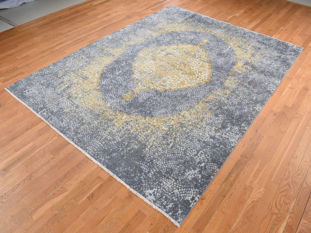 9'0" x 11'10" New Hand Knotted Grey Wool & Pure Silk Rectangle Oriental Rug - MOA10287089