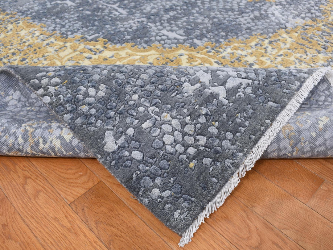 9'0" x 11'10" New Hand Knotted Grey Wool & Pure Silk Rectangle Oriental Rug - MOA10287089
