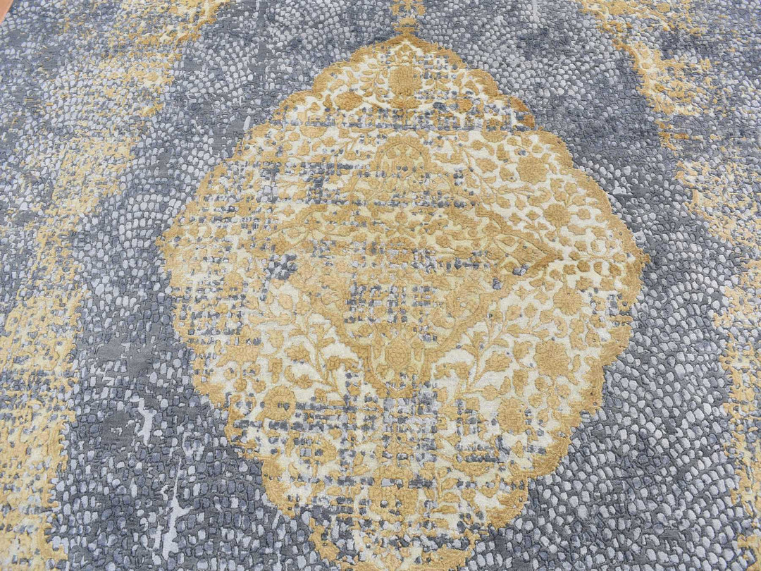 9'0" x 11'10" New Hand Knotted Grey Wool & Pure Silk Rectangle Oriental Rug - MOA10287089