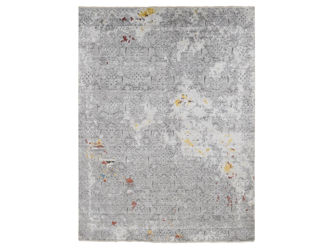 8'9" x 11'10" New Hand Knotted Grey Wool & Art Silk Rectangle Oriental Rug - MOA10287091