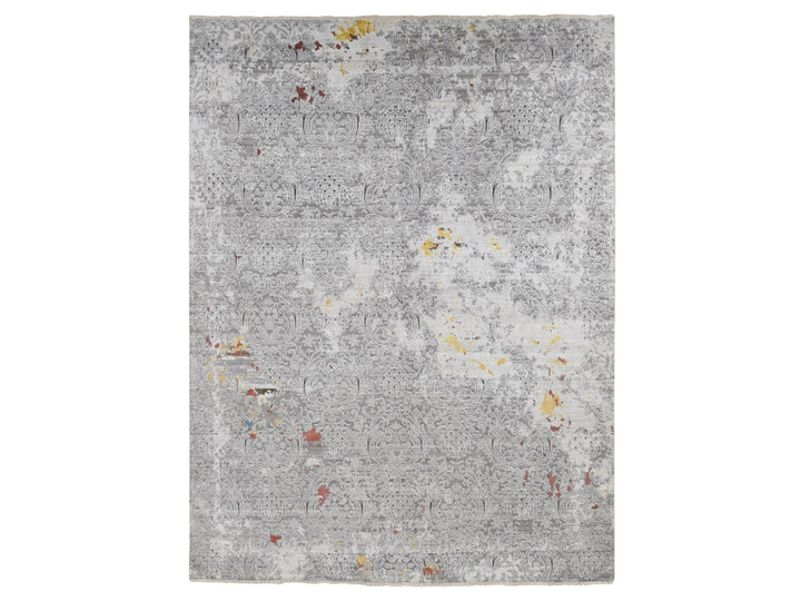 8'9" x 11'10" New Hand Knotted Grey Wool & Art Silk Rectangle Oriental Rug - MOA10287091