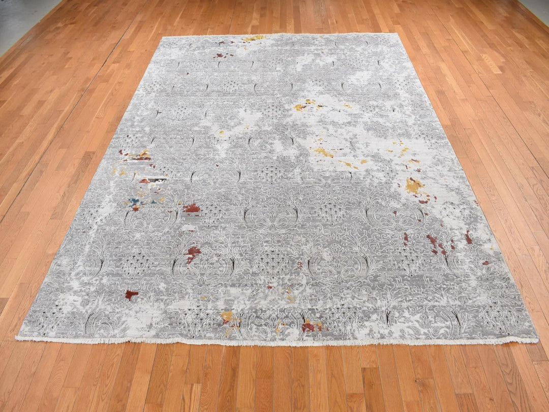 8'9" x 11'10" New Hand Knotted Grey Wool & Art Silk Rectangle Oriental Rug - MOA10287091