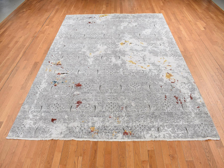 8'9" x 11'10" New Hand Knotted Grey Wool & Art Silk Rectangle Oriental Rug - MOA10287091