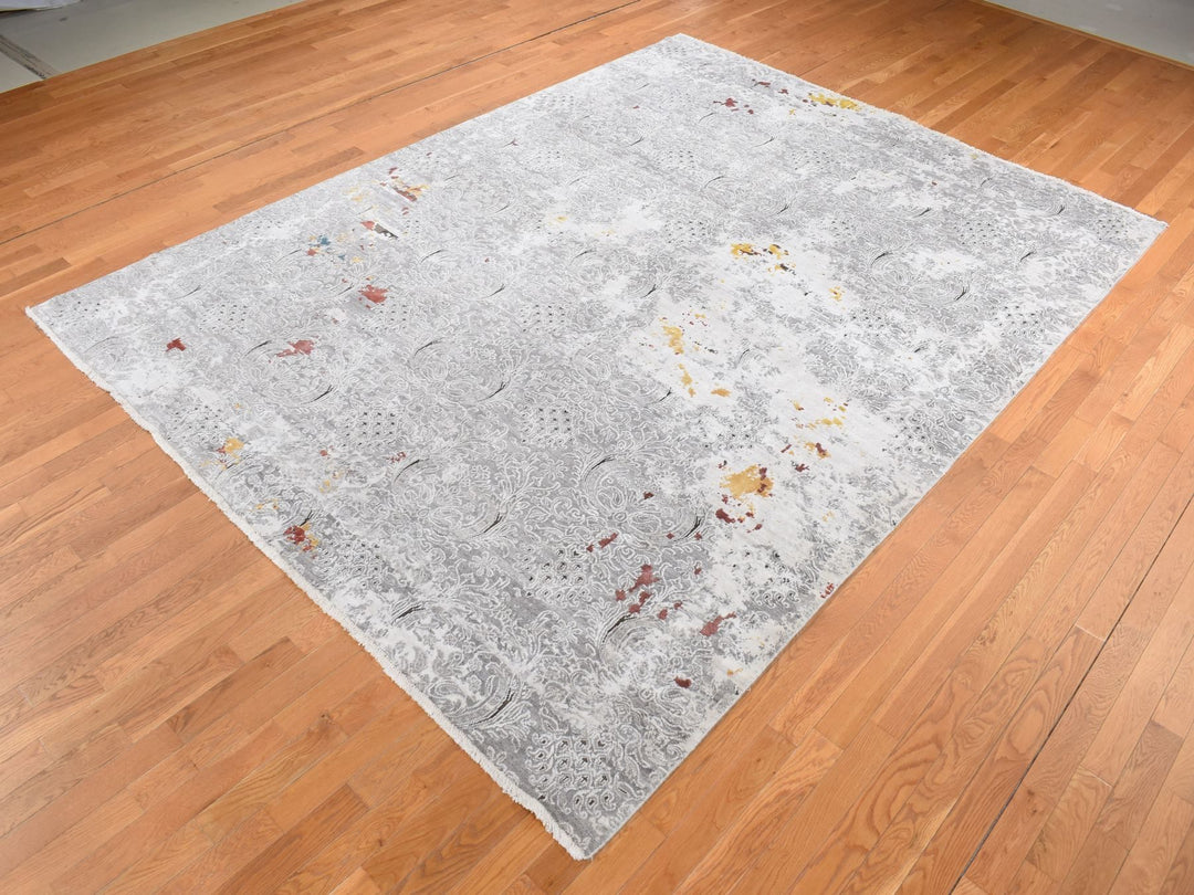 8'9" x 11'10" New Hand Knotted Grey Wool & Art Silk Rectangle Oriental Rug - MOA10287091
