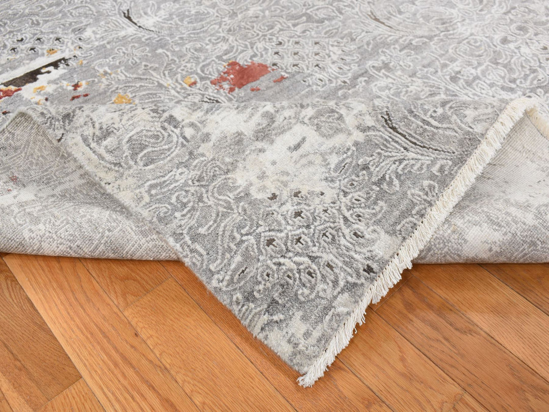 8'9" x 11'10" New Hand Knotted Grey Wool & Art Silk Rectangle Oriental Rug - MOA10287091