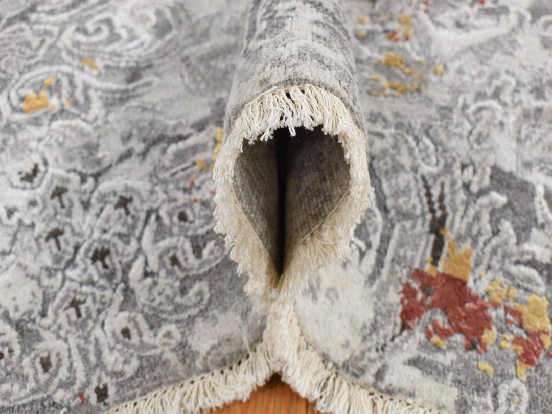8'9" x 11'10" New Hand Knotted Grey Wool & Art Silk Rectangle Oriental Rug - MOA10287091