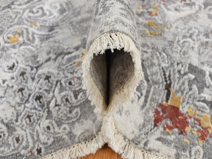 8'9" x 11'10" New Hand Knotted Grey Wool & Art Silk Rectangle Oriental Rug - MOA10287091