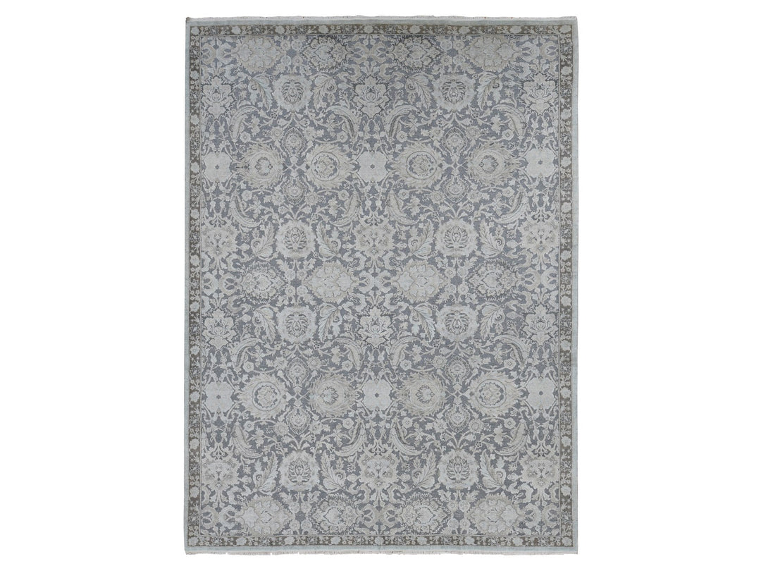 9'1" x 12'5" New Hand Knotted Grey Wool & Silk Rectangle Oriental Rug - MOA10287093