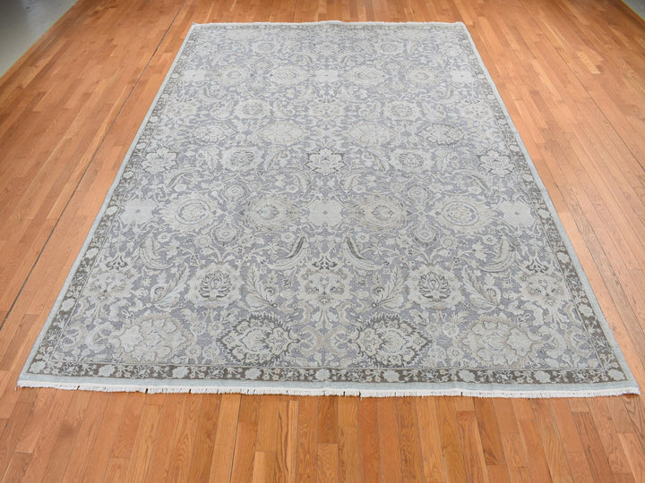 9'1" x 12'5" New Hand Knotted Grey Wool & Silk Rectangle Oriental Rug - MOA10287093