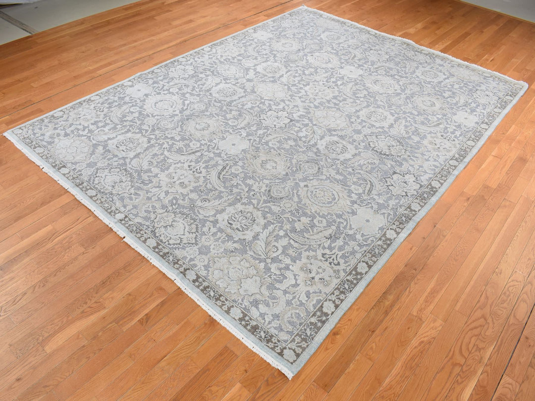 9'1" x 12'5" New Hand Knotted Grey Wool & Silk Rectangle Oriental Rug - MOA10287093