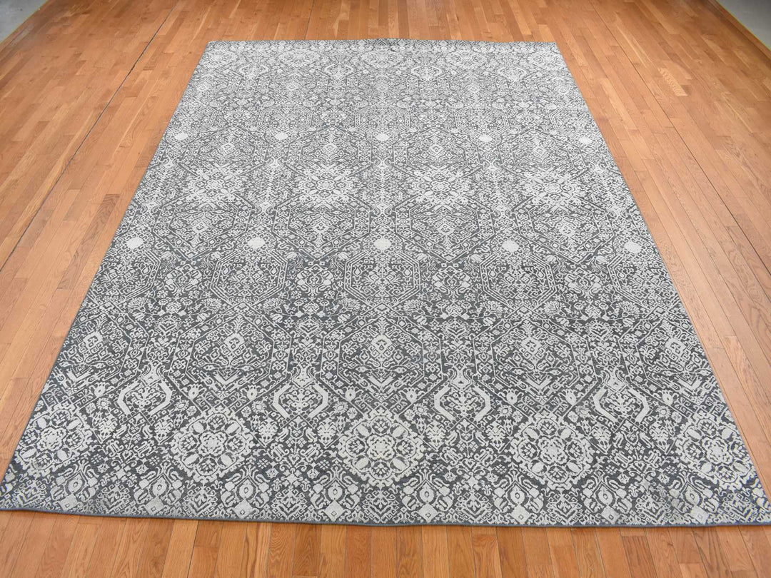 9'0" x 12'2" New Hand Knotted Grey Wool & Silk Rectangle Oriental Rug - MOA10287094