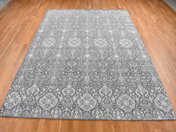 9'0" x 12'2" New Hand Knotted Grey Wool & Silk Rectangle Oriental Rug - MOA10287094