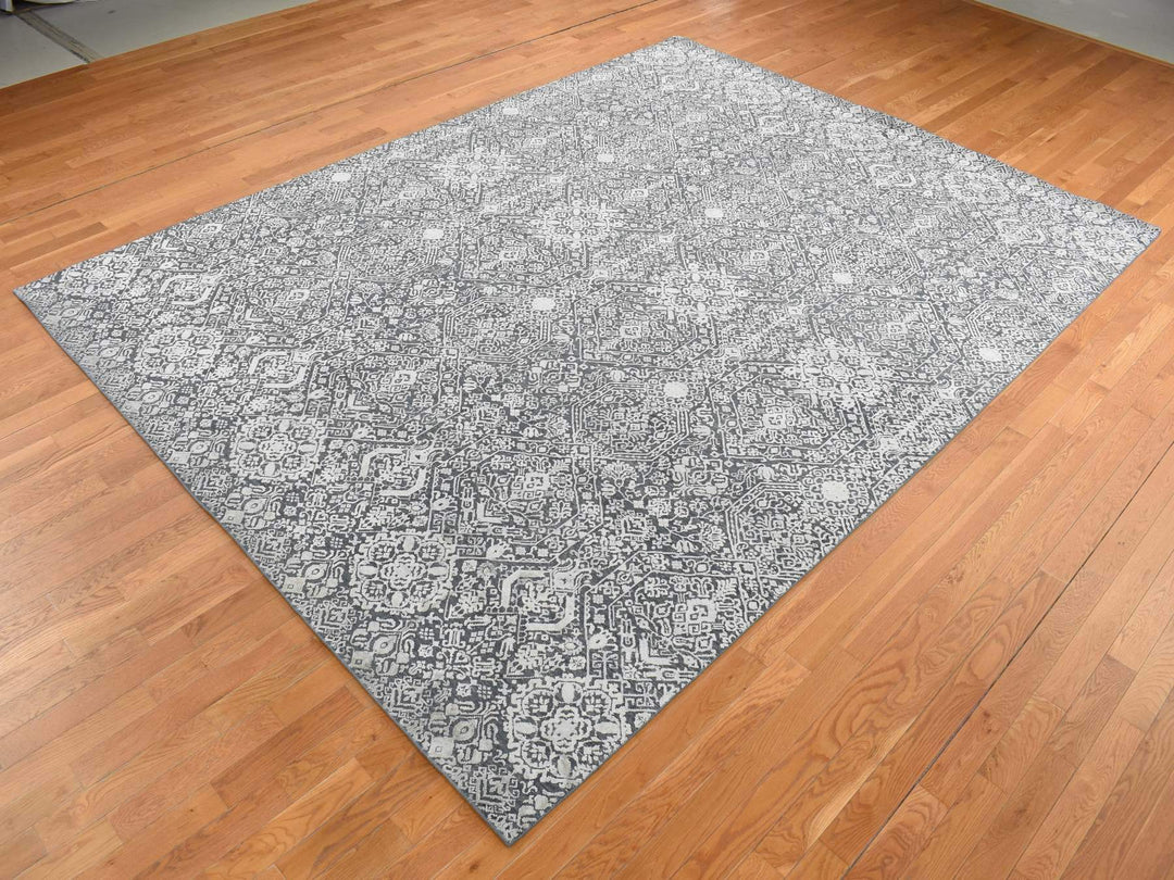 9'0" x 12'2" New Hand Knotted Grey Wool & Silk Rectangle Oriental Rug - MOA10287094