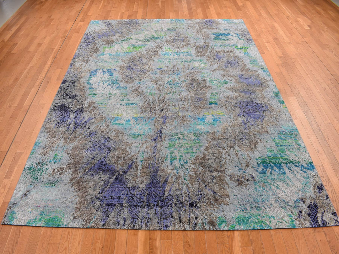 8'9" x 11'10" New Hand Knotted Grey Sari Silk Rectangle Oriental Rug - MOA10287097