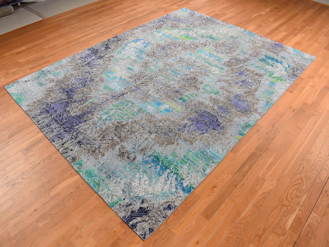 8'9" x 11'10" New Hand Knotted Grey Sari Silk Rectangle Oriental Rug - MOA10287097