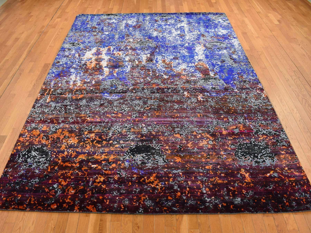 8'10" x 12'0" New Hand Knotted Blue Wool & Sari Silk Rectangle Oriental Rug - MOA10287098