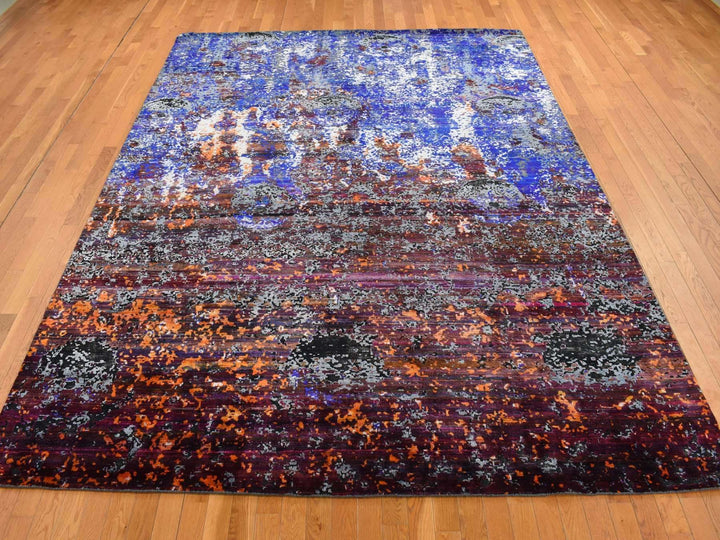 8'10" x 12'0" New Hand Knotted Blue Wool & Sari Silk Rectangle Oriental Rug - MOA10287098