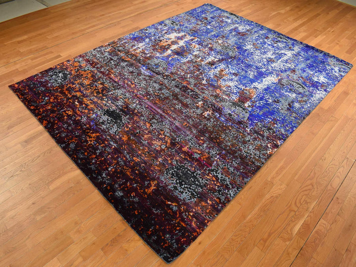 8'10" x 12'0" New Hand Knotted Blue Wool & Sari Silk Rectangle Oriental Rug - MOA10287098