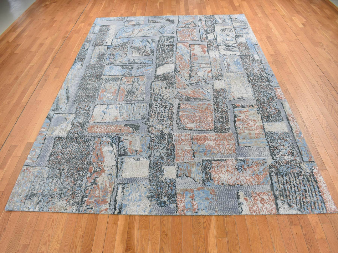 9'0" x 12'2" New Hand Knotted Grey Wool & Silk Rectangle Oriental Rug - MOA10287102