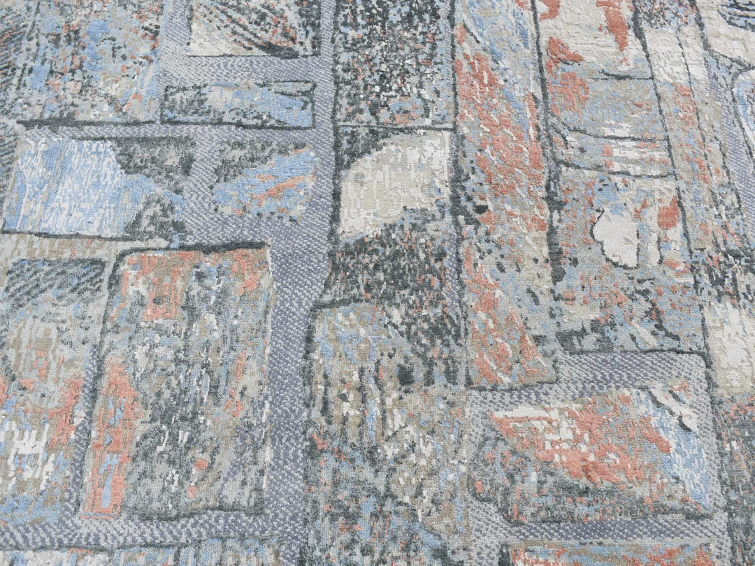 9'0" x 12'2" New Hand Knotted Grey Wool & Silk Rectangle Oriental Rug - MOA10287102