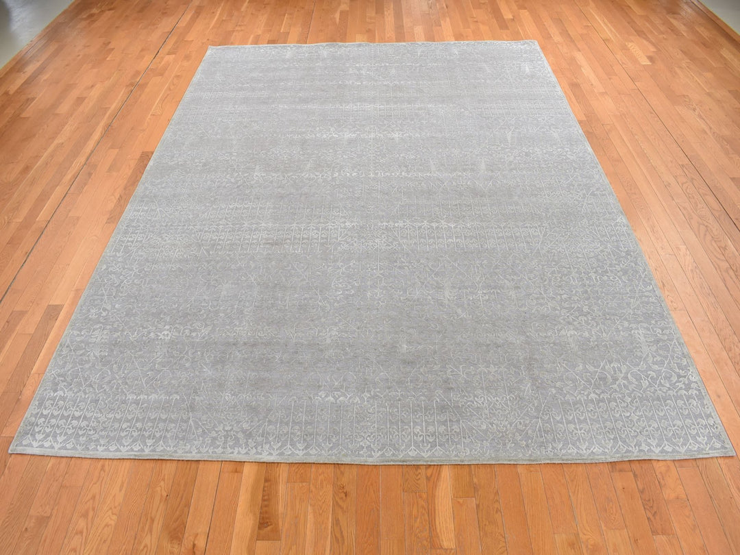 9'0" x 12'1" New Hand Knotted Grey Wool & Silk Rectangle Oriental Rug - MOA10287104