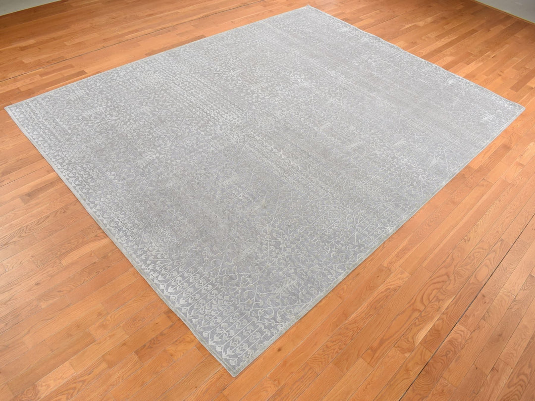9'0" x 12'1" New Hand Knotted Grey Wool & Silk Rectangle Oriental Rug - MOA10287104