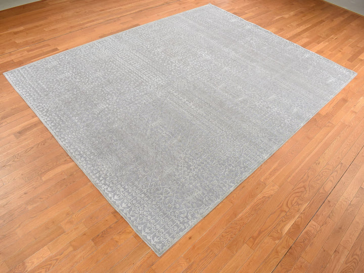 9'0" x 12'1" New Hand Knotted Grey Wool & Silk Rectangle Oriental Rug - MOA10287104
