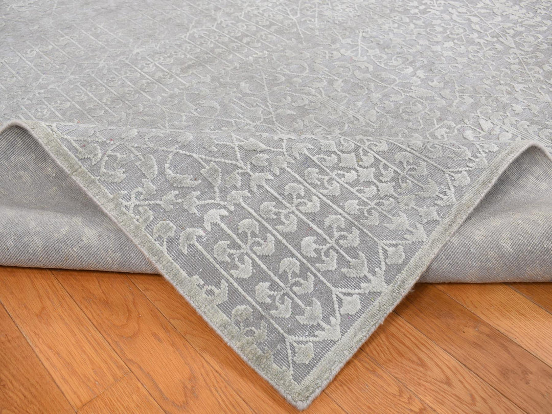 9'0" x 12'1" New Hand Knotted Grey Wool & Silk Rectangle Oriental Rug - MOA10287104
