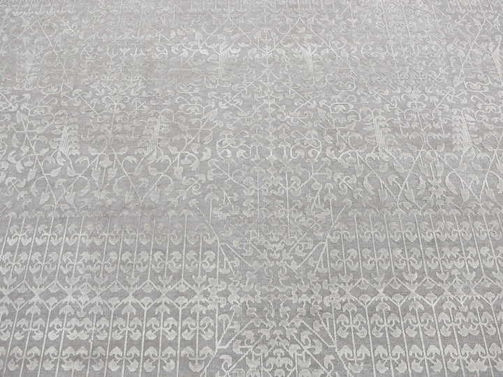 9'0" x 12'1" New Hand Knotted Grey Wool & Silk Rectangle Oriental Rug - MOA10287104