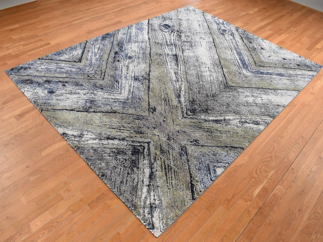 9'0" x 12'1" New Hand Knotted Grey Wool & Silk Rectangle Oriental Rug - MOA10287107