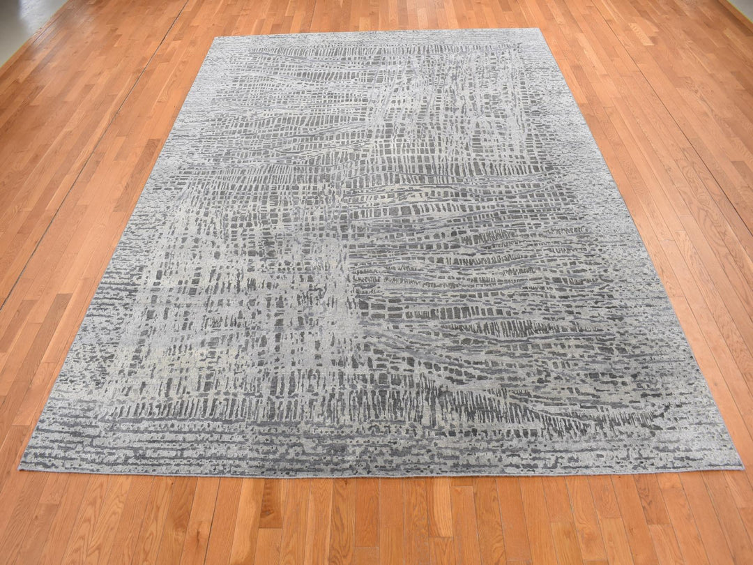8'10" x 12'2" New Hand Knotted Grey Wool & Silk Rectangle Oriental Rug - MOA10287108