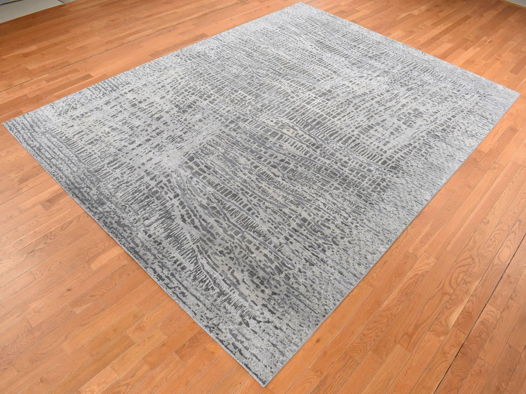 8'10" x 12'2" New Hand Knotted Grey Wool & Silk Rectangle Oriental Rug - MOA10287108