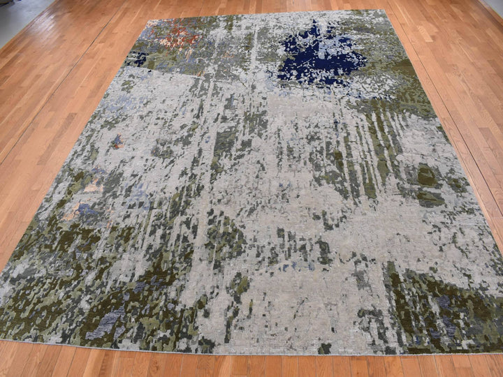 10'1" x 13'10" New Hand Knotted Grey Wool & Silk Rectangle Oriental Rug - MOA10287111