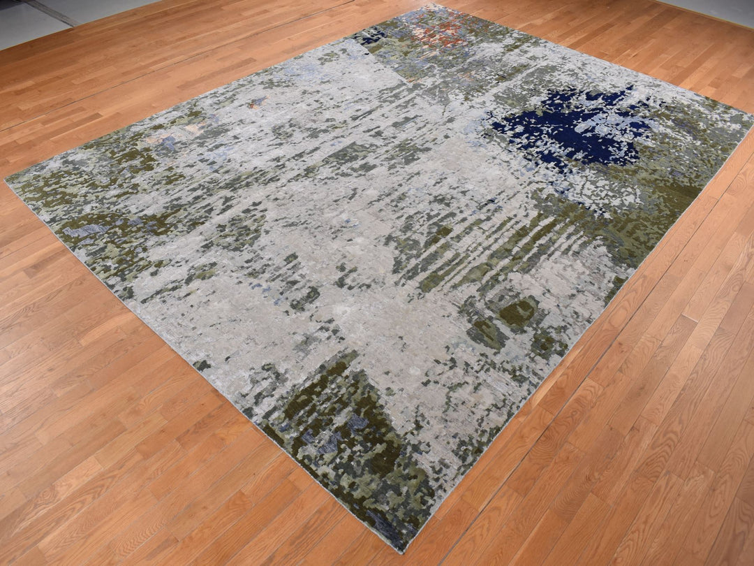 10'1" x 13'10" New Hand Knotted Grey Wool & Silk Rectangle Oriental Rug - MOA10287111