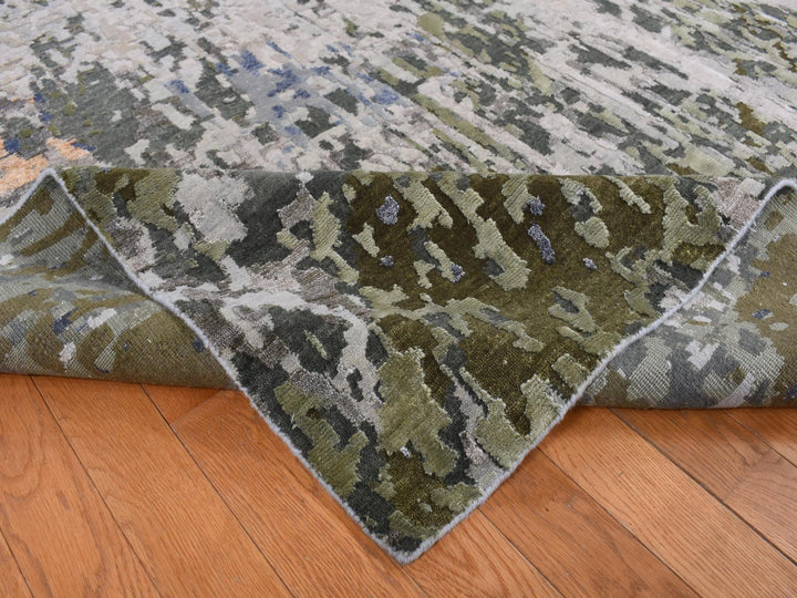 10'1" x 13'10" New Hand Knotted Grey Wool & Silk Rectangle Oriental Rug - MOA10287111