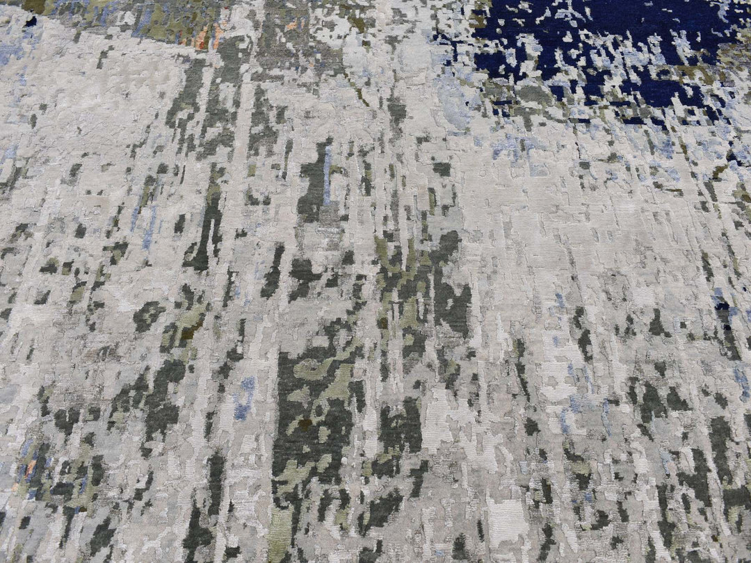 10'1" x 13'10" New Hand Knotted Grey Wool & Silk Rectangle Oriental Rug - MOA10287111