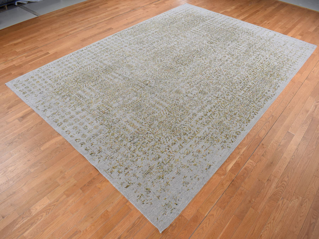 9'10" x 14'0" New Hand Loomed Grey Wool & Silk Rectangle Oriental Rug - MOA10287112