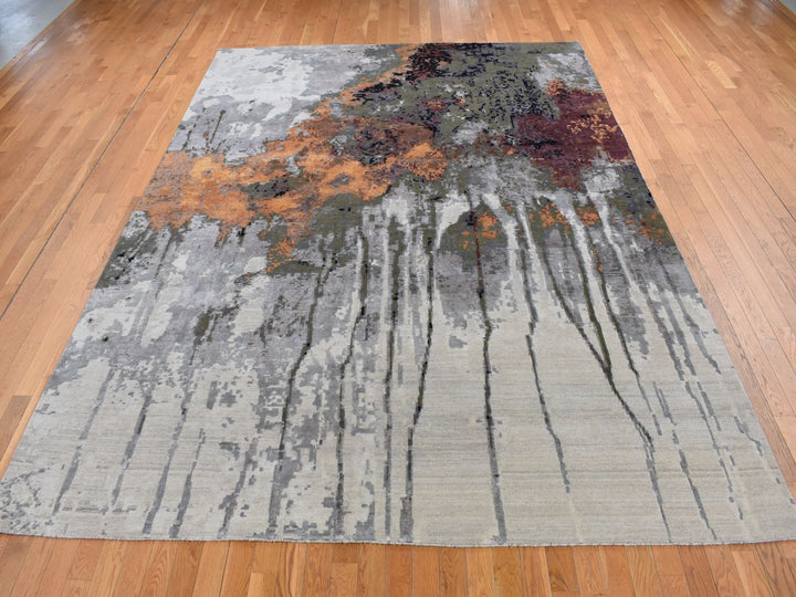 8'10" x 12'3" New Hand Knotted Grey Wool & Silk Rectangle Oriental Rug - MOA10287114