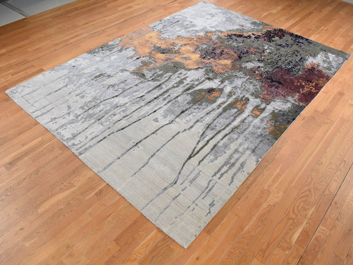 8'10" x 12'3" New Hand Knotted Grey Wool & Silk Rectangle Oriental Rug - MOA10287114
