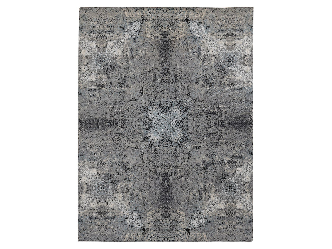 9'1" x 12'2" New Hand Knotted Grey Wool & Silk Rectangle Oriental Rug - MOA10287115