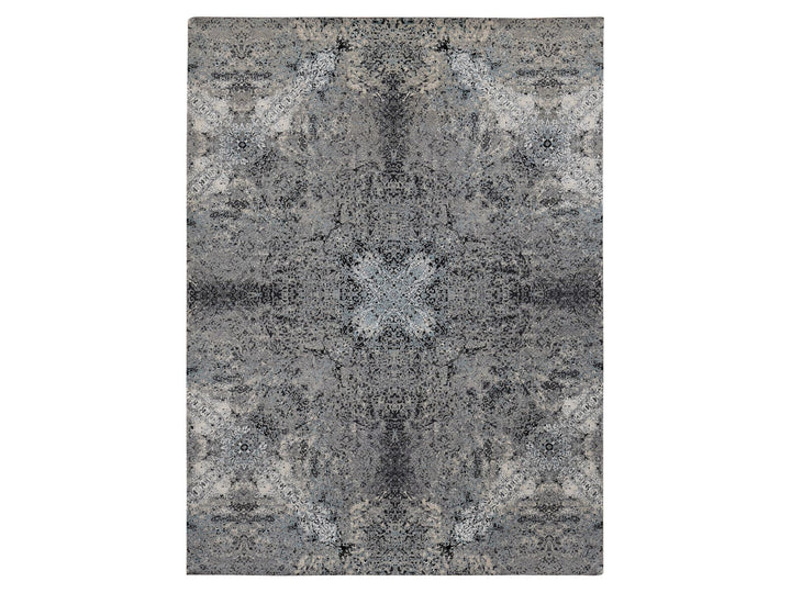 9'1" x 12'2" New Hand Knotted Grey Wool & Silk Rectangle Oriental Rug - MOA10287115