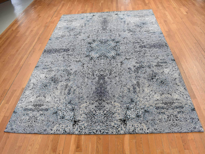 9'1" x 12'2" New Hand Knotted Grey Wool & Silk Rectangle Oriental Rug - MOA10287115